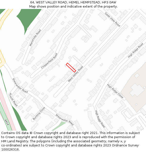 64, WEST VALLEY ROAD, HEMEL HEMPSTEAD, HP3 0AW: Location map and indicative extent of plot