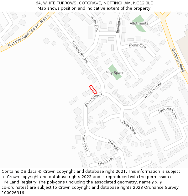 64, WHITE FURROWS, COTGRAVE, NOTTINGHAM, NG12 3LE: Location map and indicative extent of plot