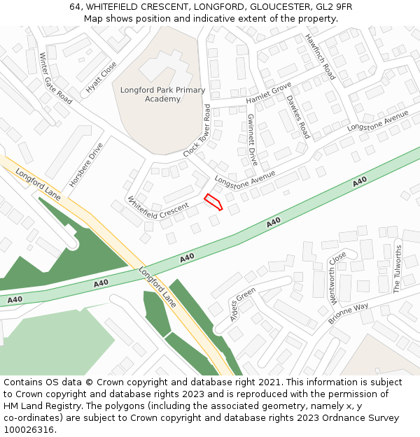 64, WHITEFIELD CRESCENT, LONGFORD, GLOUCESTER, GL2 9FR: Location map and indicative extent of plot