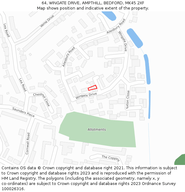 64, WINGATE DRIVE, AMPTHILL, BEDFORD, MK45 2XF: Location map and indicative extent of plot