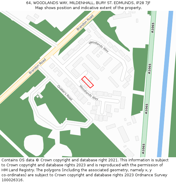 64, WOODLANDS WAY, MILDENHALL, BURY ST. EDMUNDS, IP28 7JF: Location map and indicative extent of plot