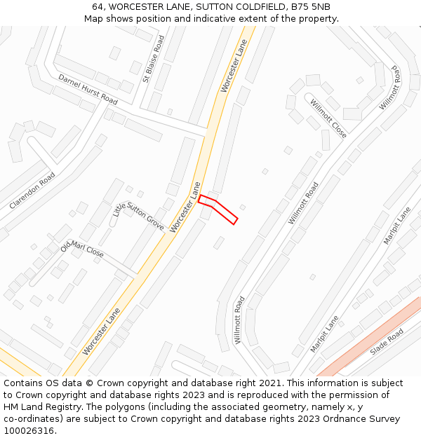 64, WORCESTER LANE, SUTTON COLDFIELD, B75 5NB: Location map and indicative extent of plot