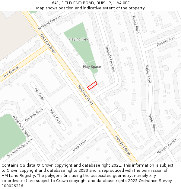 641, FIELD END ROAD, RUISLIP, HA4 0RF: Location map and indicative extent of plot