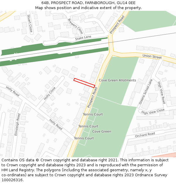 64B, PROSPECT ROAD, FARNBOROUGH, GU14 0EE: Location map and indicative extent of plot