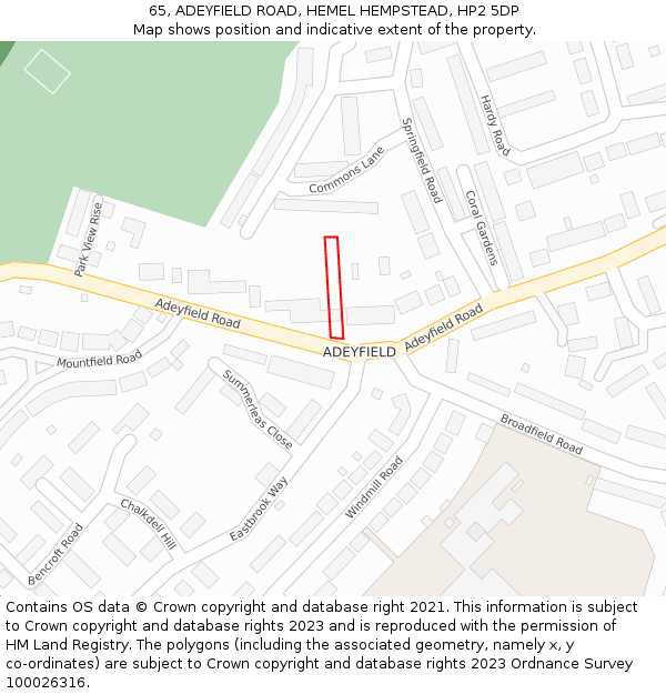 65, ADEYFIELD ROAD, HEMEL HEMPSTEAD, HP2 5DP: Location map and indicative extent of plot