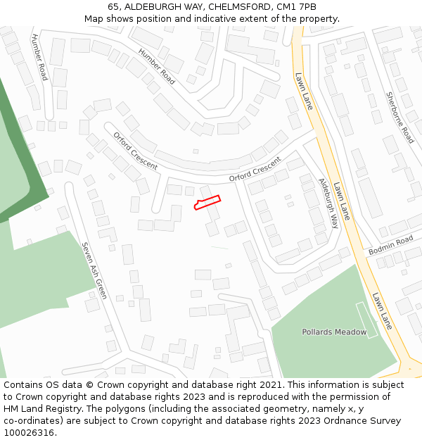 65, ALDEBURGH WAY, CHELMSFORD, CM1 7PB: Location map and indicative extent of plot