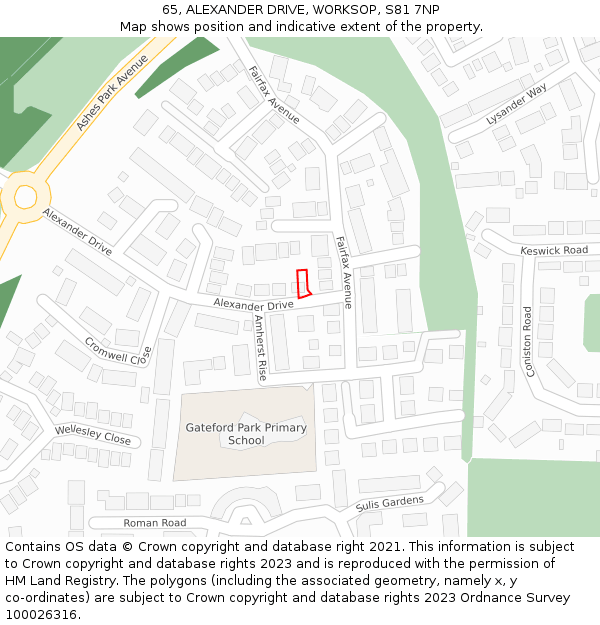 65, ALEXANDER DRIVE, WORKSOP, S81 7NP: Location map and indicative extent of plot