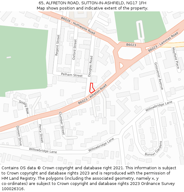 65, ALFRETON ROAD, SUTTON-IN-ASHFIELD, NG17 1FH: Location map and indicative extent of plot