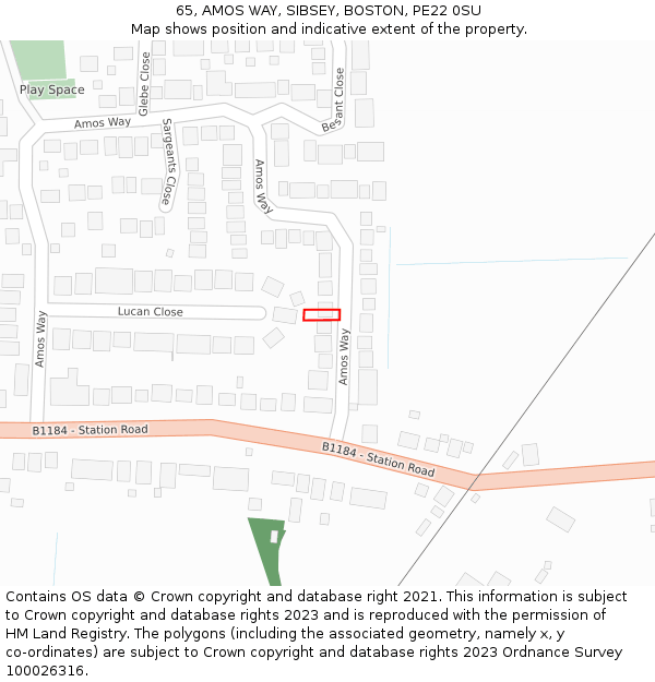 65, AMOS WAY, SIBSEY, BOSTON, PE22 0SU: Location map and indicative extent of plot