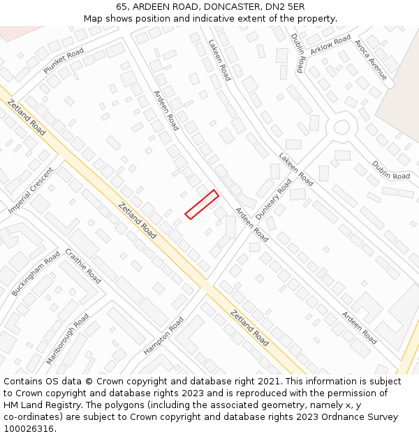 65, ARDEEN ROAD, DONCASTER, DN2 5ER: Location map and indicative extent of plot