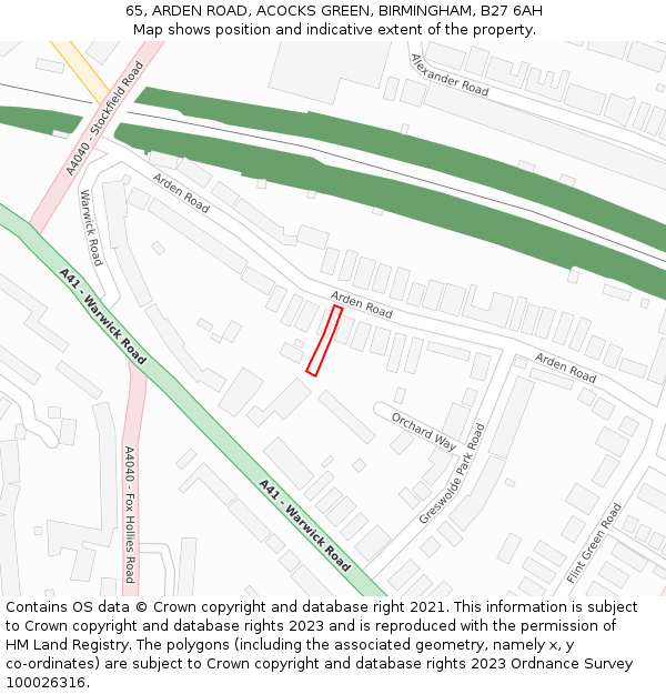 65, ARDEN ROAD, ACOCKS GREEN, BIRMINGHAM, B27 6AH: Location map and indicative extent of plot