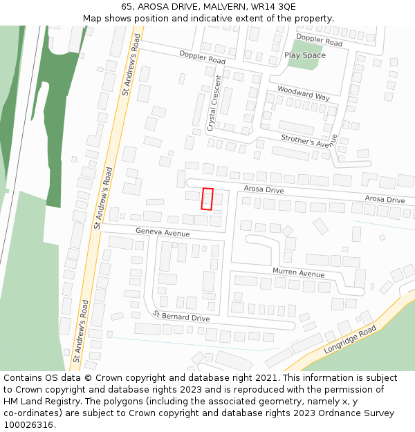 65, AROSA DRIVE, MALVERN, WR14 3QE: Location map and indicative extent of plot