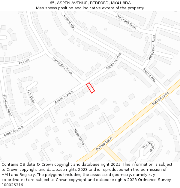 65, ASPEN AVENUE, BEDFORD, MK41 8DA: Location map and indicative extent of plot