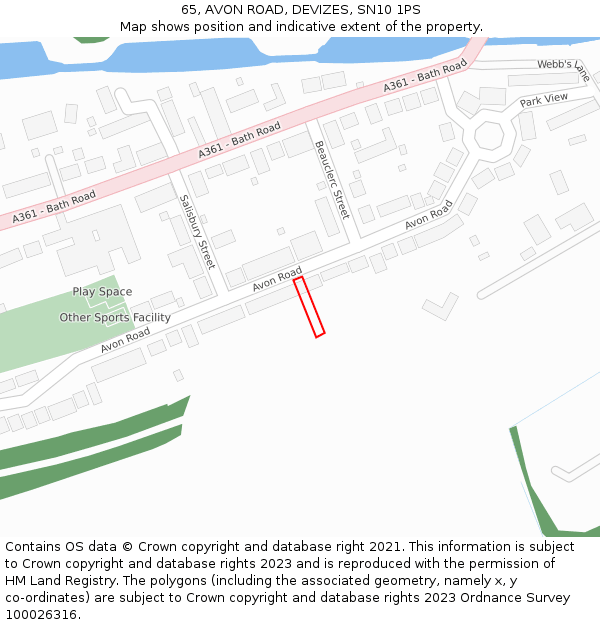 65, AVON ROAD, DEVIZES, SN10 1PS: Location map and indicative extent of plot