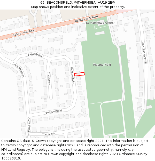 65, BEACONSFIELD, WITHERNSEA, HU19 2EW: Location map and indicative extent of plot