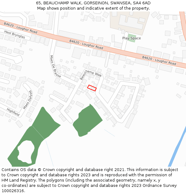 65, BEAUCHAMP WALK, GORSEINON, SWANSEA, SA4 6AD: Location map and indicative extent of plot