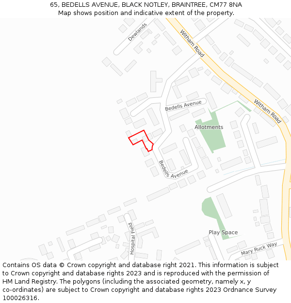 65, BEDELLS AVENUE, BLACK NOTLEY, BRAINTREE, CM77 8NA: Location map and indicative extent of plot