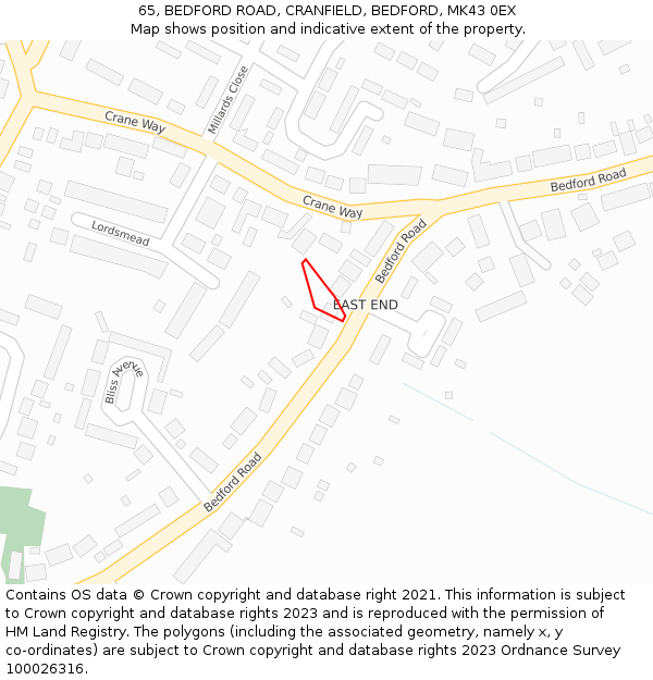 65, BEDFORD ROAD, CRANFIELD, BEDFORD, MK43 0EX: Location map and indicative extent of plot