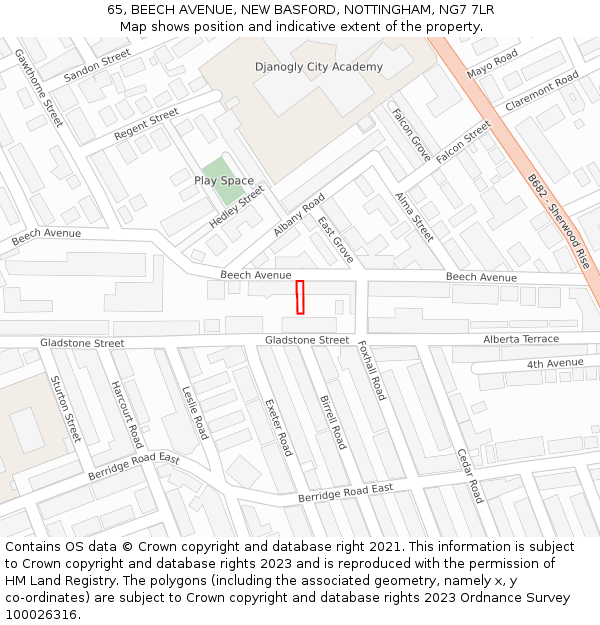 65, BEECH AVENUE, NEW BASFORD, NOTTINGHAM, NG7 7LR: Location map and indicative extent of plot