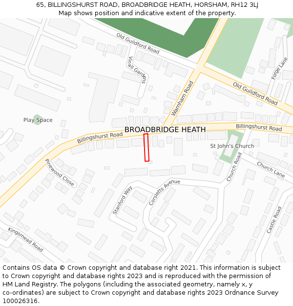 65, BILLINGSHURST ROAD, BROADBRIDGE HEATH, HORSHAM, RH12 3LJ: Location map and indicative extent of plot