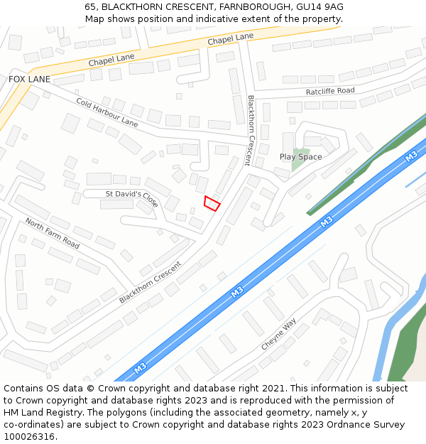 65, BLACKTHORN CRESCENT, FARNBOROUGH, GU14 9AG: Location map and indicative extent of plot