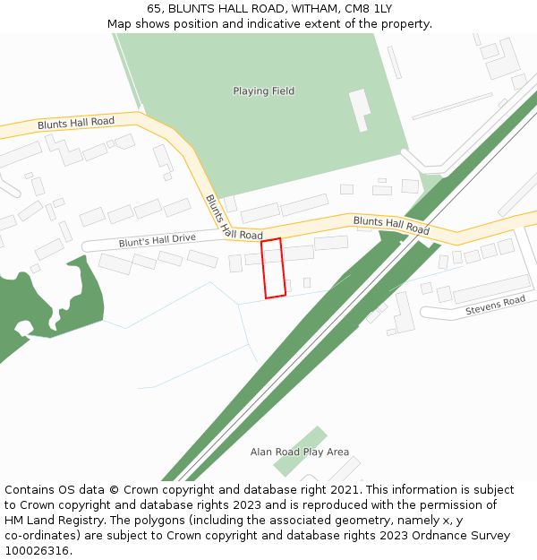 65, BLUNTS HALL ROAD, WITHAM, CM8 1LY: Location map and indicative extent of plot