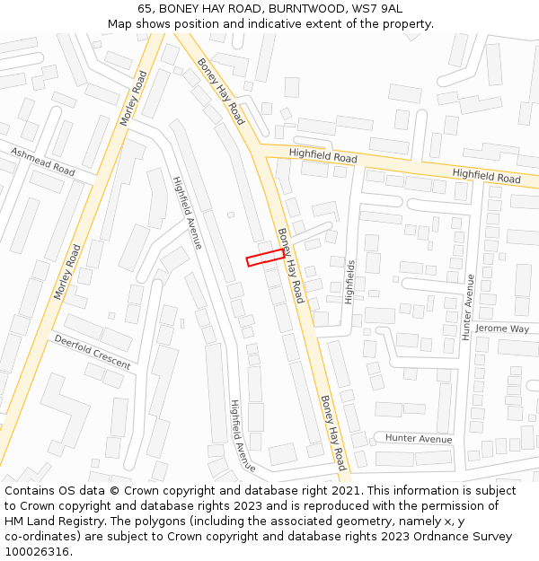 65, BONEY HAY ROAD, BURNTWOOD, WS7 9AL: Location map and indicative extent of plot