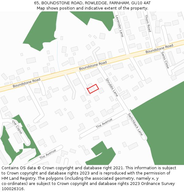 65, BOUNDSTONE ROAD, ROWLEDGE, FARNHAM, GU10 4AT: Location map and indicative extent of plot