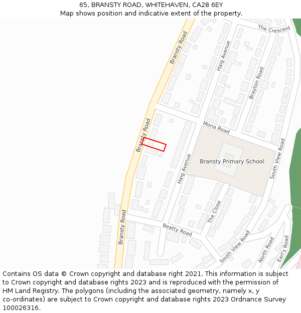 65, BRANSTY ROAD, WHITEHAVEN, CA28 6EY: Location map and indicative extent of plot