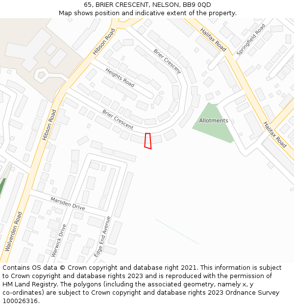 65, BRIER CRESCENT, NELSON, BB9 0QD: Location map and indicative extent of plot