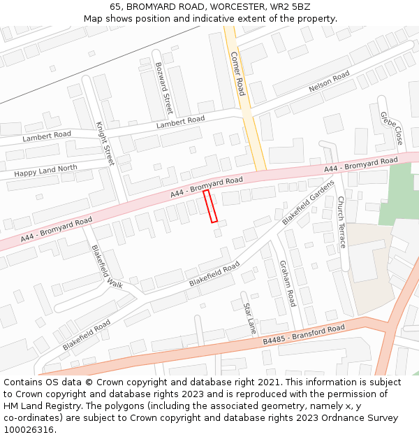 65, BROMYARD ROAD, WORCESTER, WR2 5BZ: Location map and indicative extent of plot