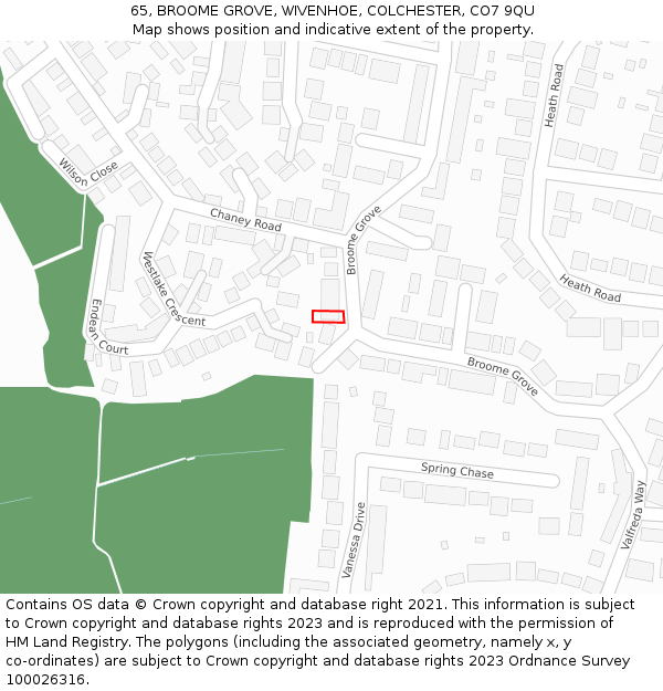 65, BROOME GROVE, WIVENHOE, COLCHESTER, CO7 9QU: Location map and indicative extent of plot