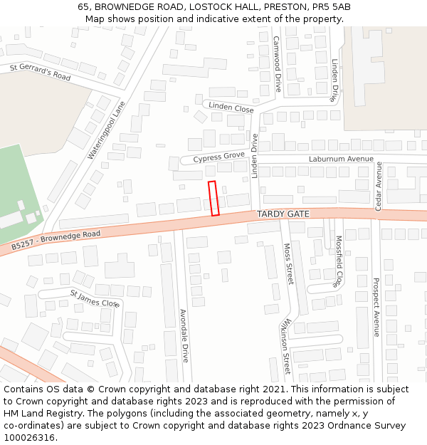 65, BROWNEDGE ROAD, LOSTOCK HALL, PRESTON, PR5 5AB: Location map and indicative extent of plot