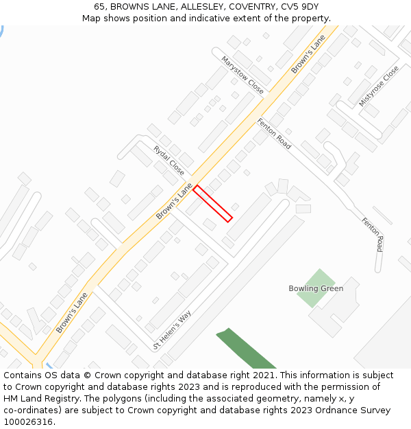 65, BROWNS LANE, ALLESLEY, COVENTRY, CV5 9DY: Location map and indicative extent of plot