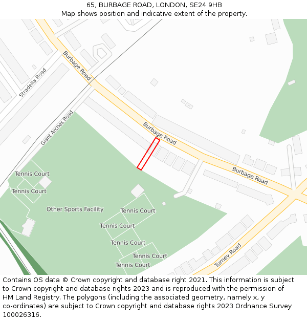 65, BURBAGE ROAD, LONDON, SE24 9HB: Location map and indicative extent of plot