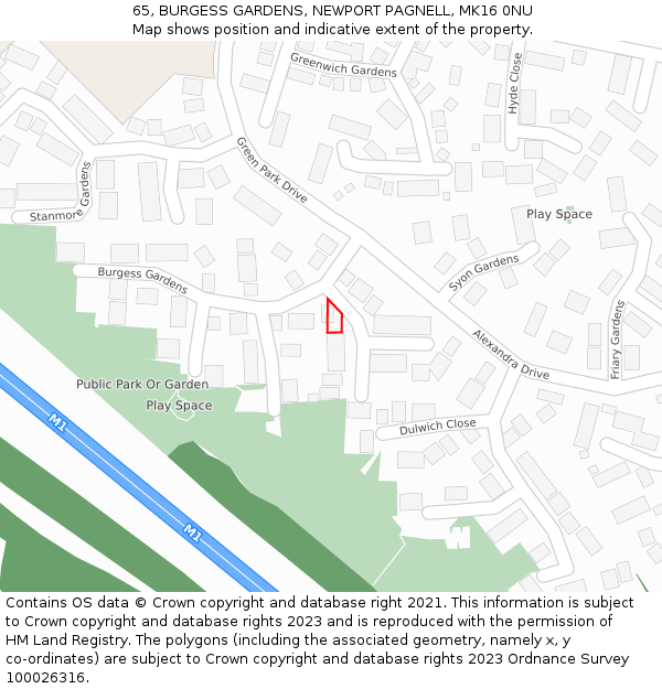 65, BURGESS GARDENS, NEWPORT PAGNELL, MK16 0NU: Location map and indicative extent of plot