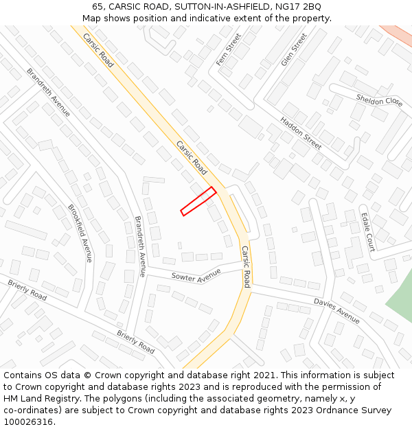 65, CARSIC ROAD, SUTTON-IN-ASHFIELD, NG17 2BQ: Location map and indicative extent of plot