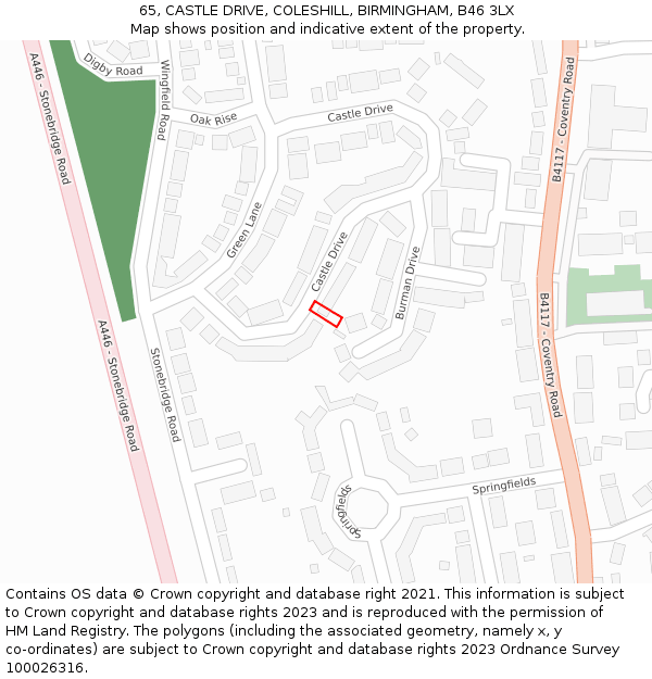 65, CASTLE DRIVE, COLESHILL, BIRMINGHAM, B46 3LX: Location map and indicative extent of plot