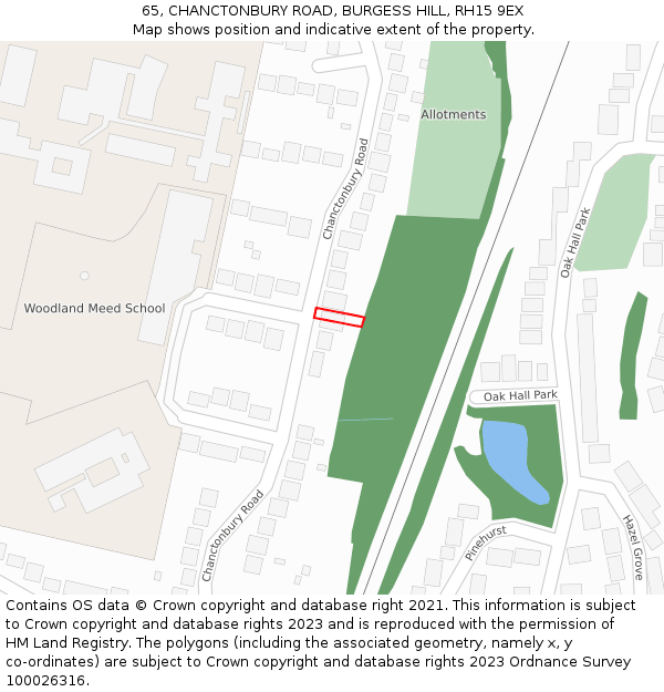 65, CHANCTONBURY ROAD, BURGESS HILL, RH15 9EX: Location map and indicative extent of plot