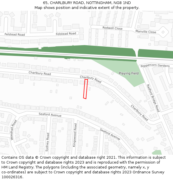 65, CHARLBURY ROAD, NOTTINGHAM, NG8 1ND: Location map and indicative extent of plot