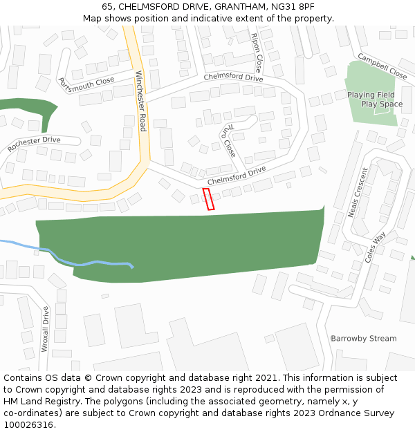 65, CHELMSFORD DRIVE, GRANTHAM, NG31 8PF: Location map and indicative extent of plot