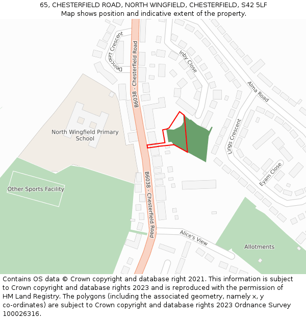 65, CHESTERFIELD ROAD, NORTH WINGFIELD, CHESTERFIELD, S42 5LF: Location map and indicative extent of plot