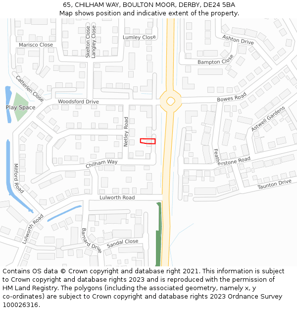 65, CHILHAM WAY, BOULTON MOOR, DERBY, DE24 5BA: Location map and indicative extent of plot