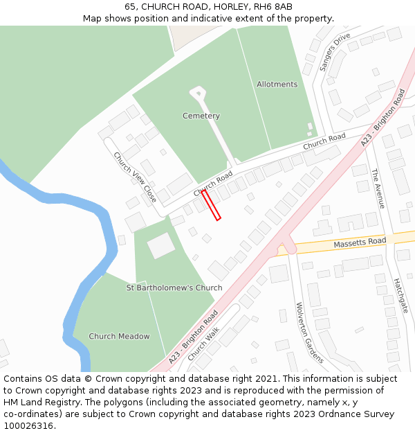 65, CHURCH ROAD, HORLEY, RH6 8AB: Location map and indicative extent of plot