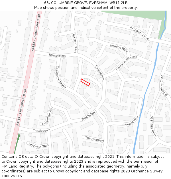 65, COLUMBINE GROVE, EVESHAM, WR11 2LR: Location map and indicative extent of plot