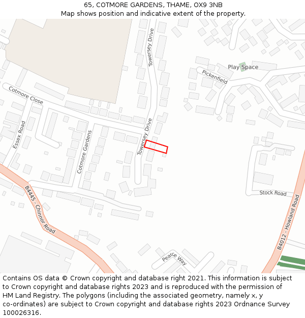 65, COTMORE GARDENS, THAME, OX9 3NB: Location map and indicative extent of plot