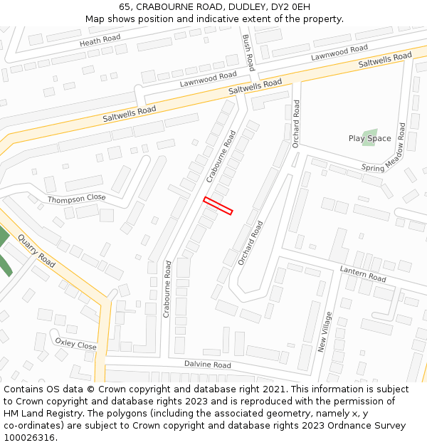 65, CRABOURNE ROAD, DUDLEY, DY2 0EH: Location map and indicative extent of plot