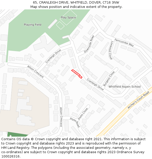 65, CRANLEIGH DRIVE, WHITFIELD, DOVER, CT16 3NW: Location map and indicative extent of plot