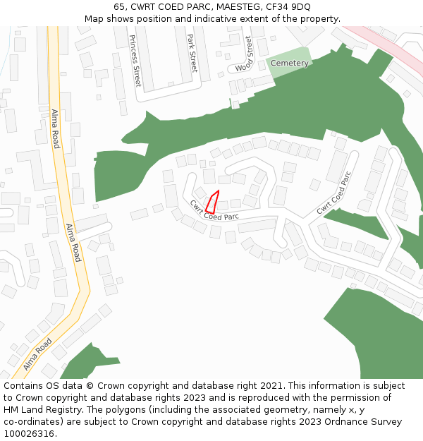 65, CWRT COED PARC, MAESTEG, CF34 9DQ: Location map and indicative extent of plot