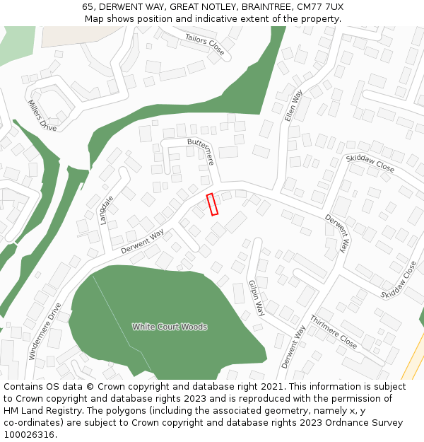 65, DERWENT WAY, GREAT NOTLEY, BRAINTREE, CM77 7UX: Location map and indicative extent of plot